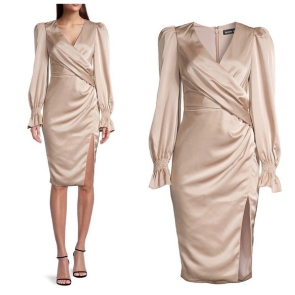 Lavish Alice Dresses & Skirts - NWT Lavish‎ Alice satin balloon sleeve wrap midi dress in champagne